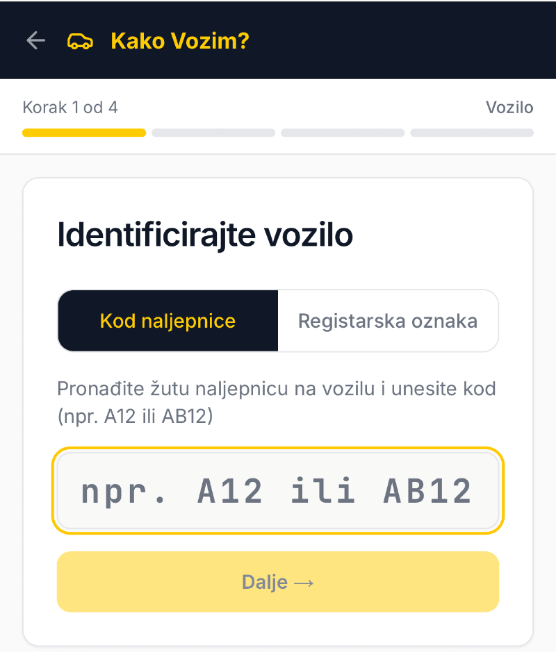 Mobilni obrazac za prijavu: korak 1, identificirajte vozilo kodom naljepnice